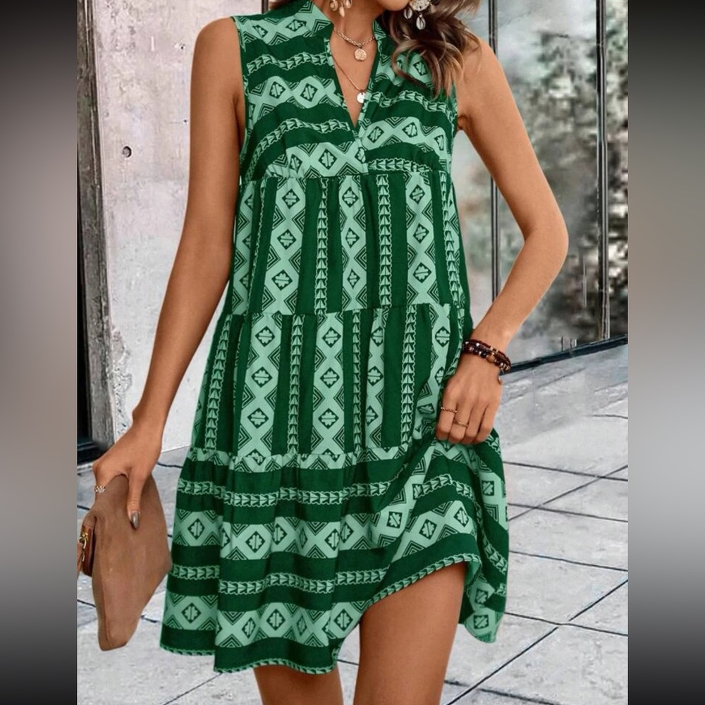 Boho geo print notched neck ruffle hem smock  dress